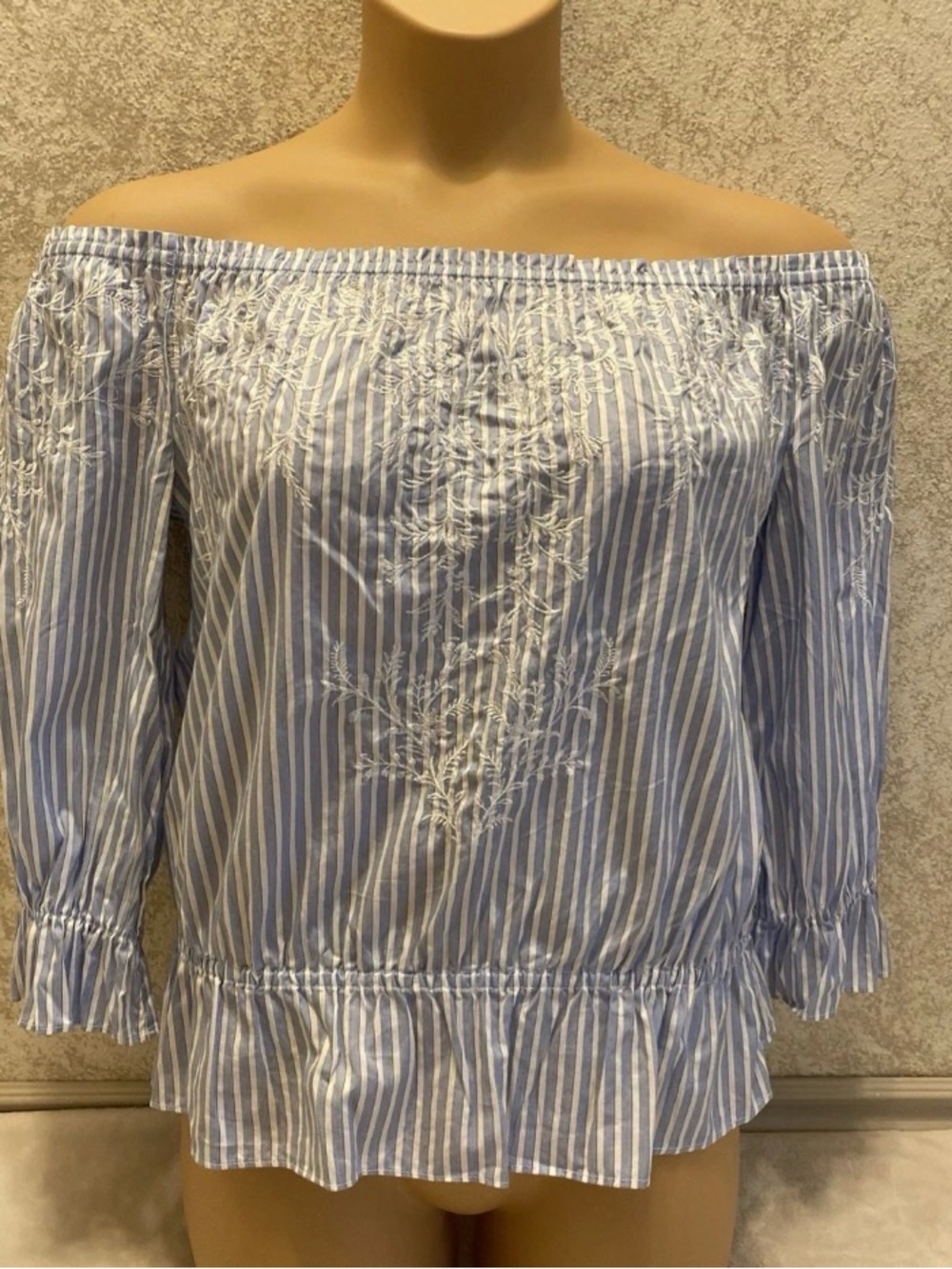 White House Black Market Blue & White Striped Off-Shoulder Embroidered Top